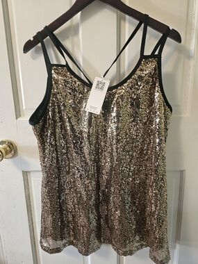 zeagoo Rose Gold Sequin Cami with Black Trim